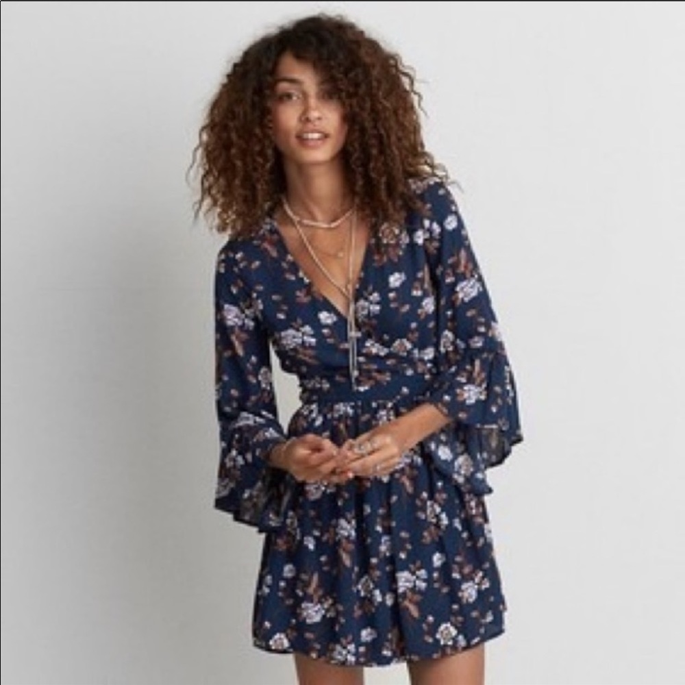 American Eagle navy floral wrap dress